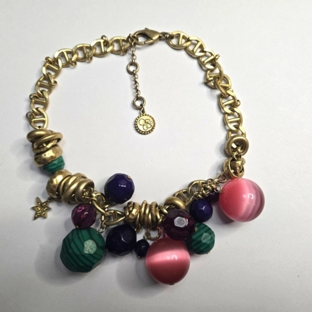 Jessica Simpson Gold Charm‎ Statement Necklace with Pink and Green Accents